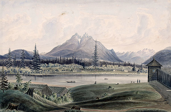 Painting of the landscape around Fort Langley from the mid-1800s.