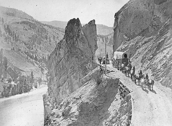 Cariboo Road with wagon and pack mules running along the Fraser River canyon during the Gold Rush