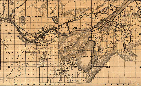 Close up of a 1892 map showing towns and lot numbers in the Matsqui and Sumas areas.