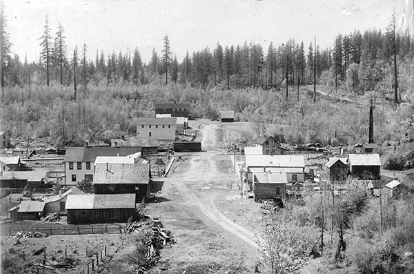 Small town with a single dirt road, with simple buildings on each side and a railway crossing, surrounded by trees and logged stumps.