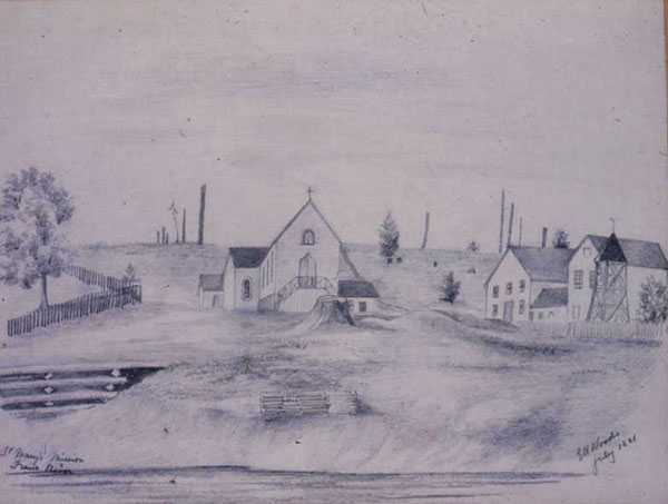 Pencil sketch of St. Mary's Mission from 1881. Central building with a cross with addition buildings and fenced fields surrounding.