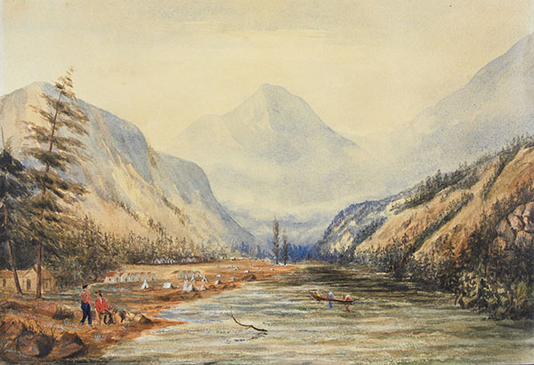 Watercolour of the Fraser Canyon, with the river and surrounding mountains, with a camp of British Marines on the shoreline, dated 1858 to 1859.