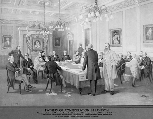 1935 illustration showing the fathers of confederation meeting in London in 1866.