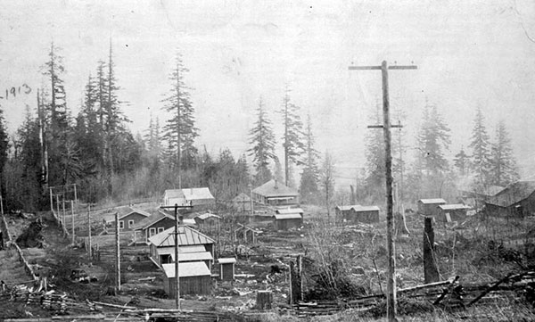 Rural town with timber buildings, log fences, and power poles, surrounded by evergreens.