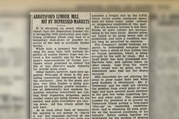 Article from 1930 describing the impacts of the depression on the Abbotsford Mill.