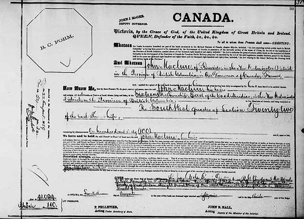 Printed land grant with handwritten additions.